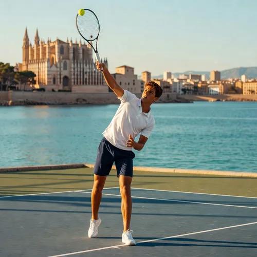 A junior tennis player serving with the Palma de Mallorca skyline behind him